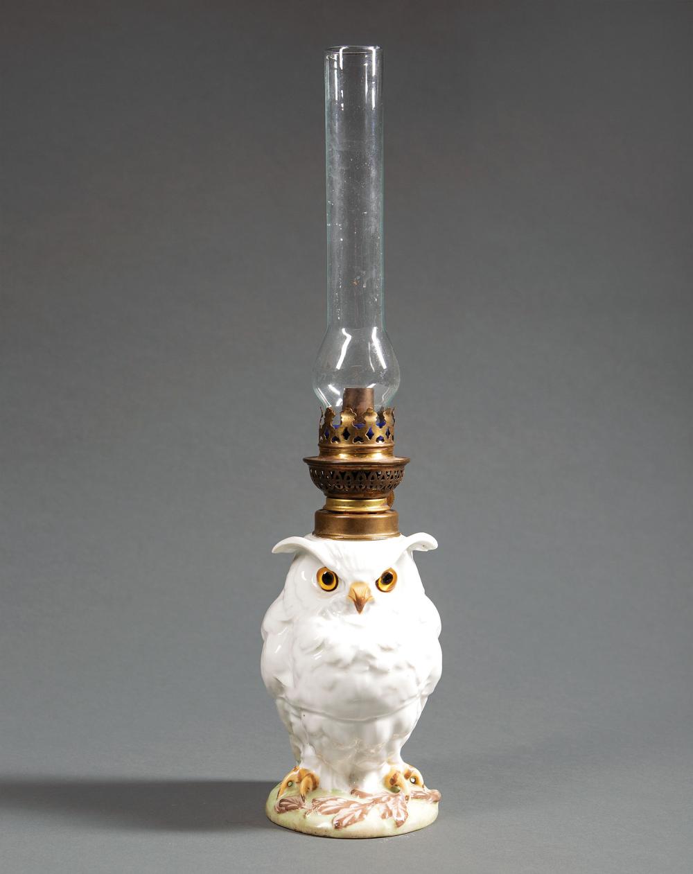 Appraisal: French Porcelain Owl Oil Lamp c glass eyes floral etched