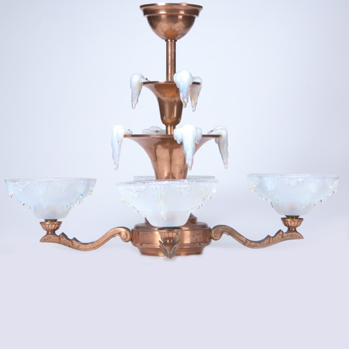 Appraisal: EZAN Four-arm copper chandelier with four opalescent glass shades and