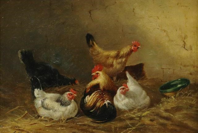 Appraisal: Framed oil painting on wood panel Chickens signed lower left