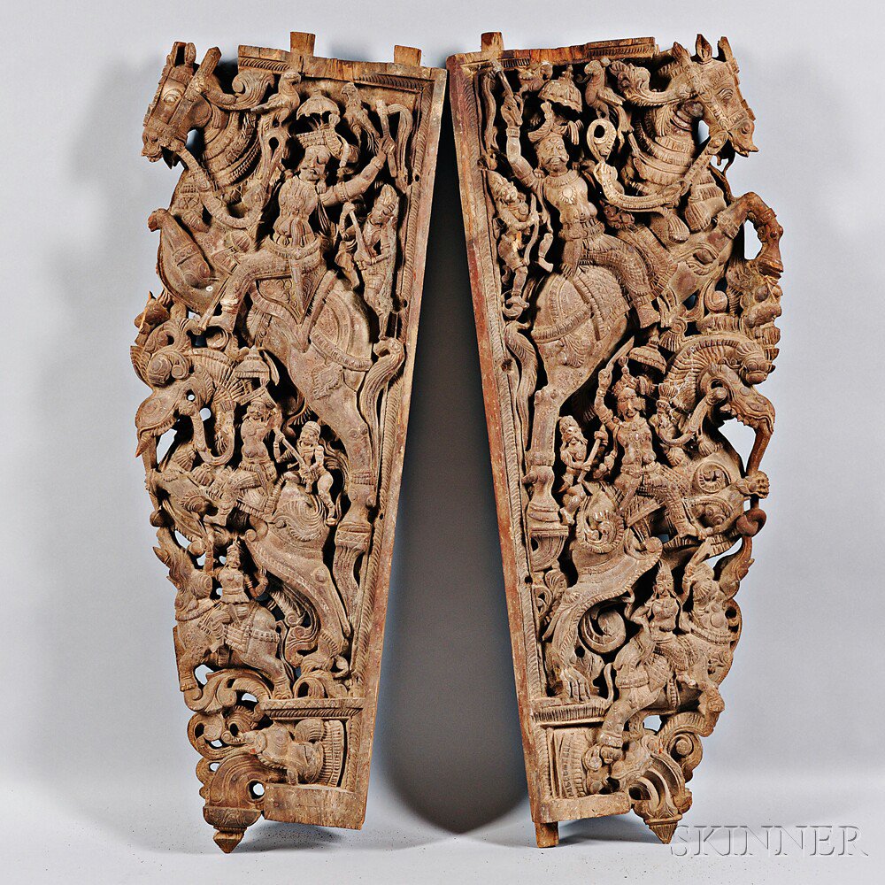 Appraisal: Two Carved Wooden Doorframe Brackets India with carvings on both