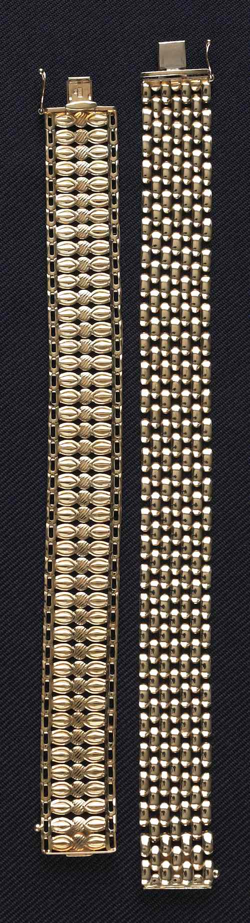 Appraisal: Two K yellow gold mesh wide bracelets dwt