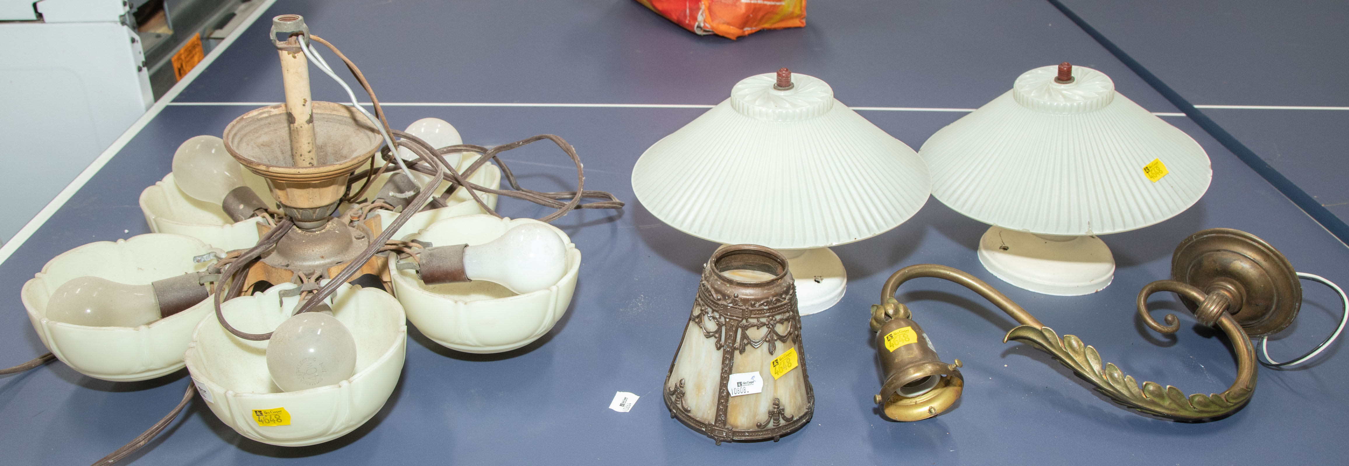 Appraisal: SELECTION OF LIGHTING Including a bronze bracket lamp with caramel