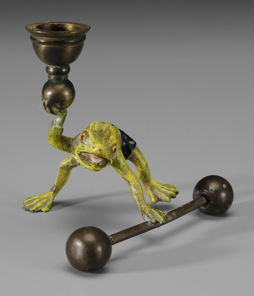 Appraisal: Austrian Cold-Painted Bronze early- th century Frog Supporting a Candle