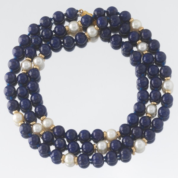 Appraisal: LAPIS GOLD AND PEARL NECKLACE Long mm lapis bead and