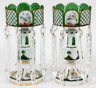 Appraisal: BOHEMIAN GREEN OVERLAY GLASS LUSTERS WITH CRYSTAL PRISMS H hand