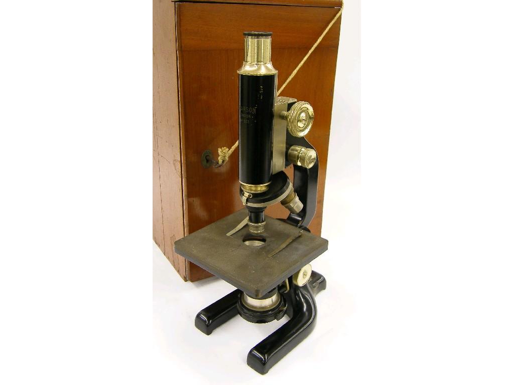 Appraisal: A Hearson of London black enamelled microscope no with triple