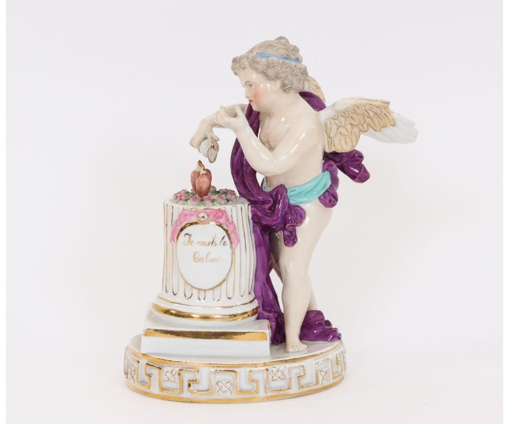 Appraisal: French porcelain angel titled Le mets le Caln h x