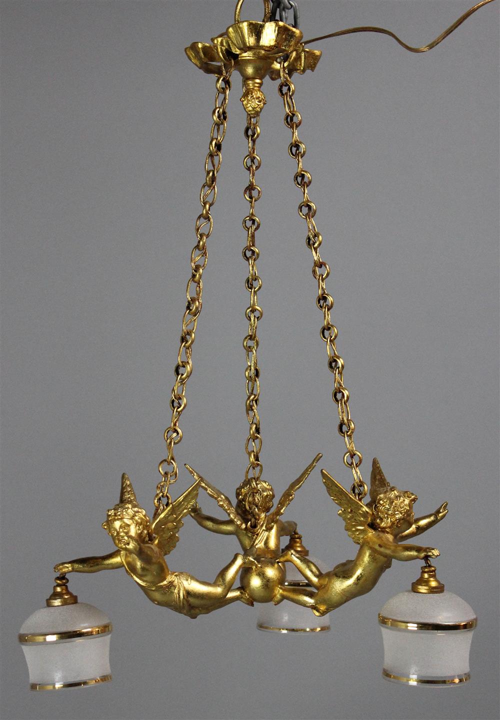 Appraisal: CONTINENTAL GILT BRONZE AND PEBBLED GLASS CHERUB-FORM THREE LIGHT CHANDELIER