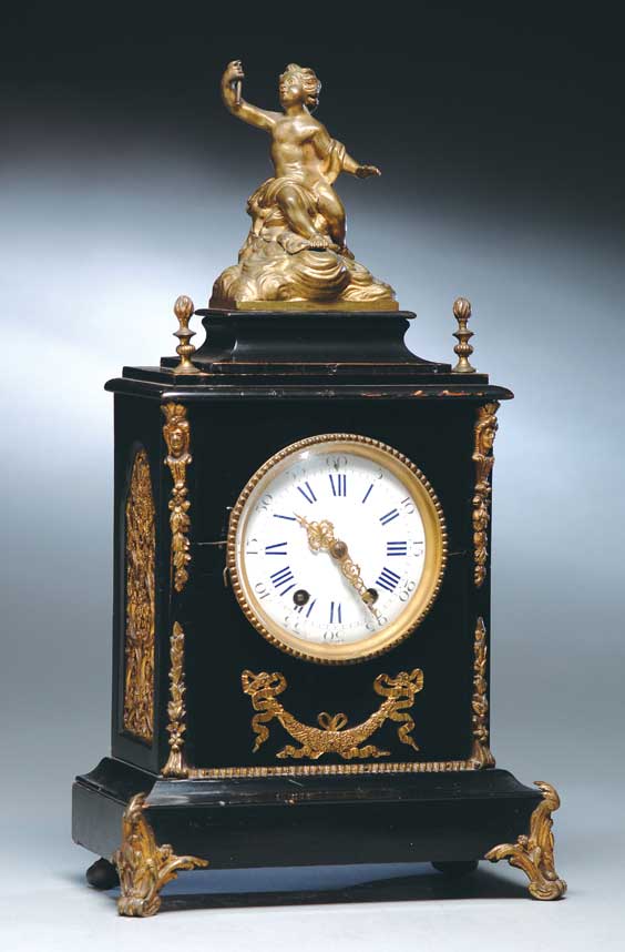 Appraisal: FRENCH MANTLE CLOCK French mantle clock with ebonized body surmounted