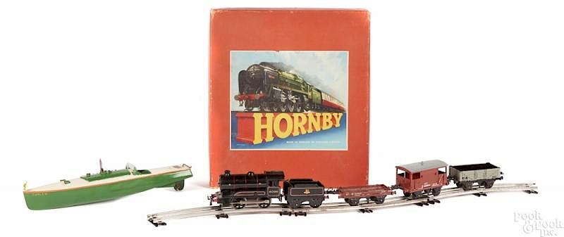 Appraisal: Hornby O gauge train set and clockwork speedboat Hornby O