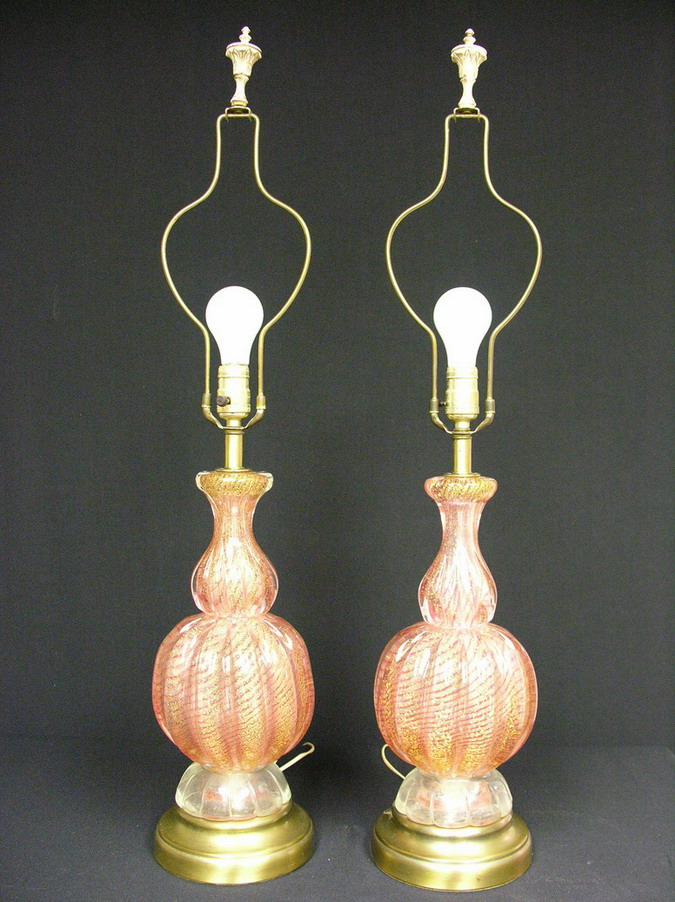 Appraisal: PAIR OF CRANBERRY W GOLD FLAKE VENETIAN GLASS LAMPS The