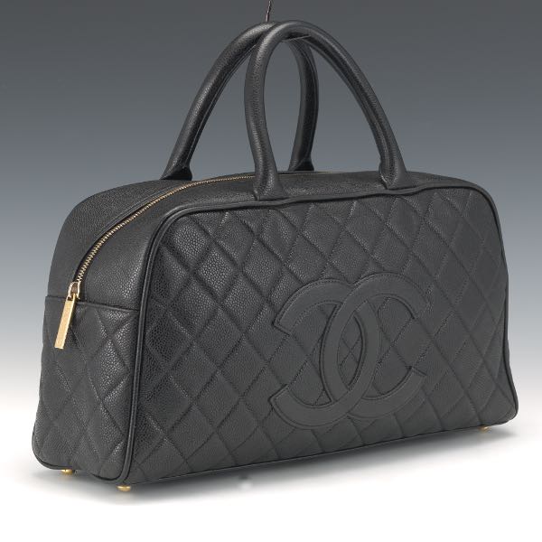 Appraisal: CHANEL BOWLING BAG x x Black quilted caviar leather top