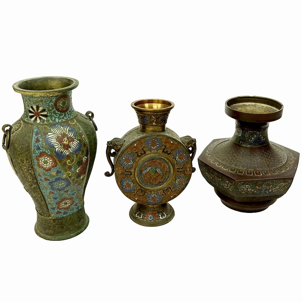 Appraisal: Three Impressive Japanese Bronze Champleve Vases Three Impressive Japanese Bronze