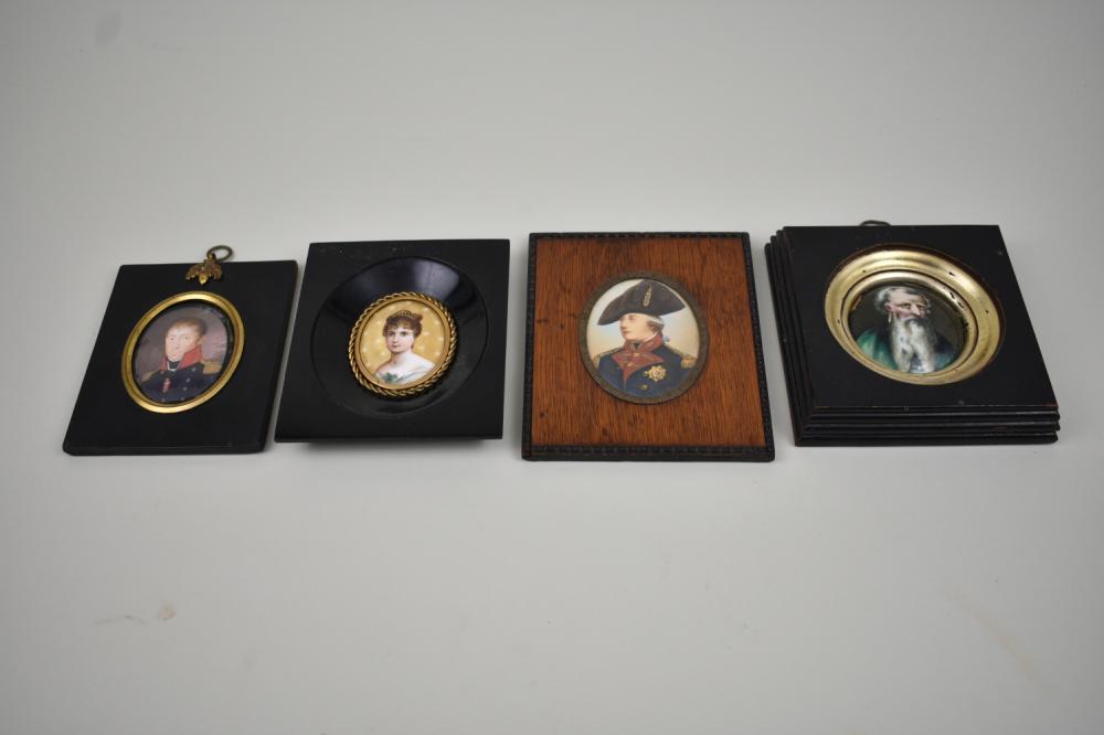 Appraisal: FOUR PAINTED PORTRAIT MINIATURES th and th Century Comprising a