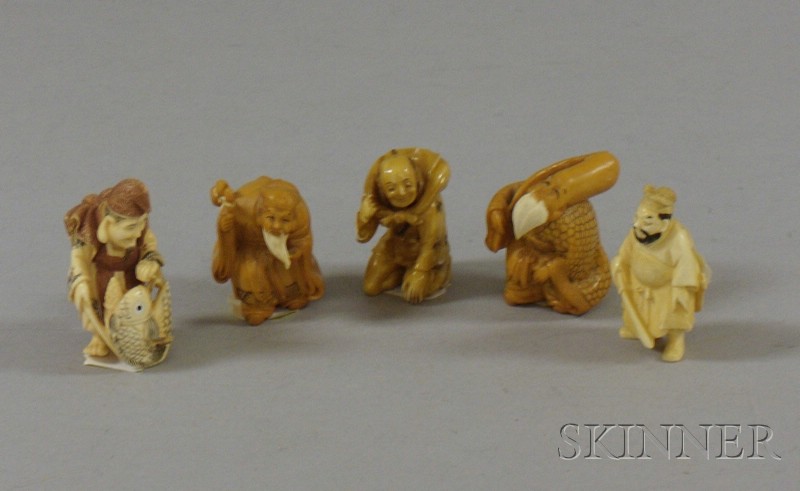 Appraisal: Two Asian Carved Ivory and Three Carved Resin Netsukes