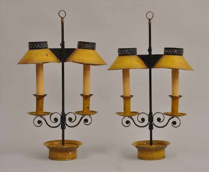 Appraisal: PAIR OF T LE-PEINTE MUSTARD-GROUND TWO-LIGHT STUDENT LAMPS x in