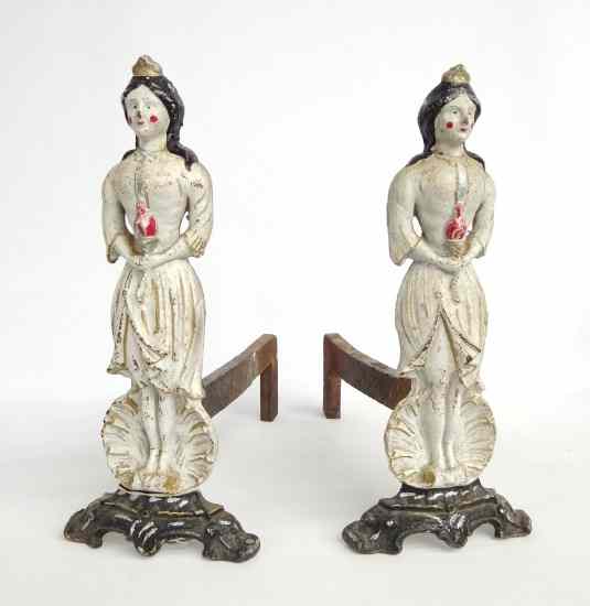 Appraisal: Scarce pair th c ''Columbia'' painted andirons Provenance Milne Antiques