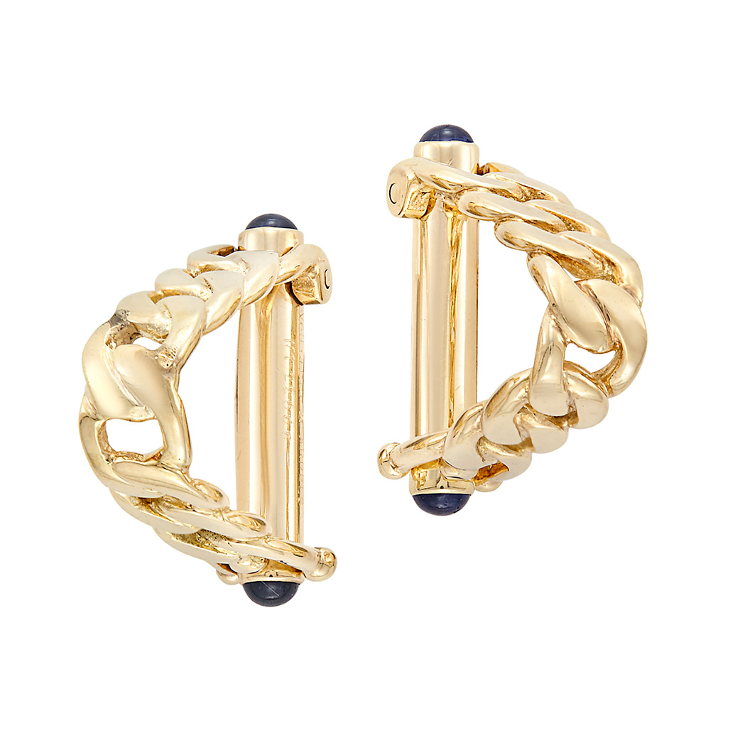 Appraisal: Pair of Gold and Cabochon Sapphire Curb Link Cufflinks Van