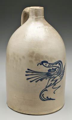 Appraisal: Salt glaze four-gallon jug cobalt perched bird on branch below