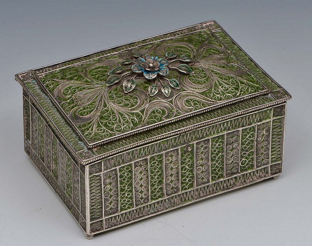 Appraisal: A CHINESE SILVER AND ENAMEL RECTANGULAR SMALL BOX with filigree