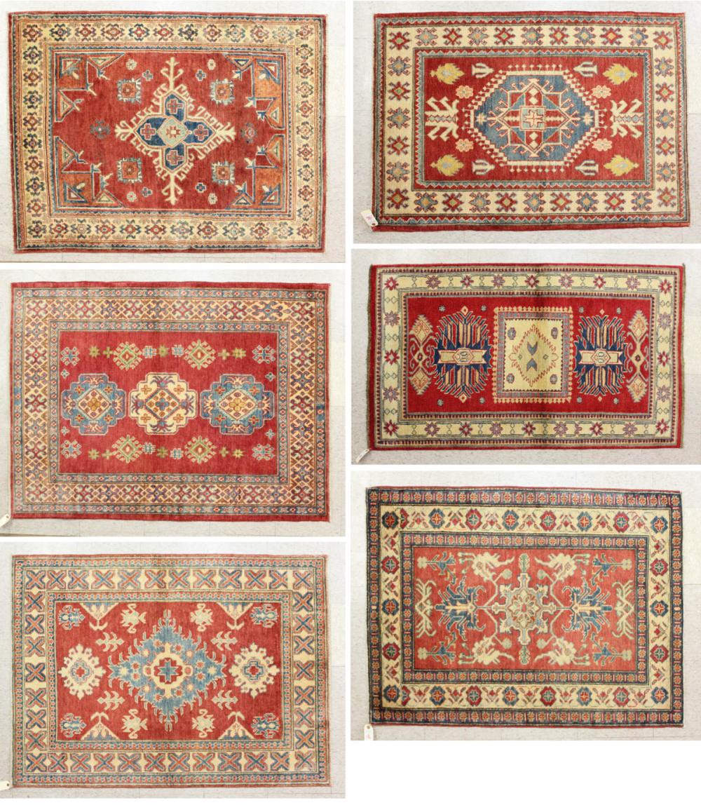 Appraisal: SIX HAND KNOTTED ORIENTAL AREA RUGS Pakistani-Caucasian all geometric in