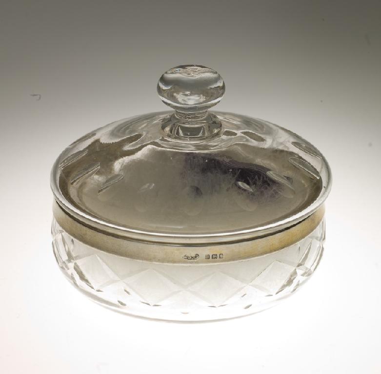 Appraisal: GEORGE V SILVER-MOUNTED CUT-GLASS POWDER BOWL LONDON of circular form