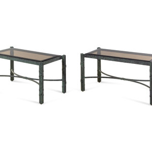 Appraisal: A Pair of Modern Patinated Bronze Smoky Glass-Top Low Tables