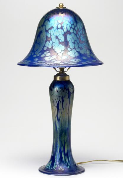 Appraisal: ART GLASS Modern table lamp of blue iridescent art glass