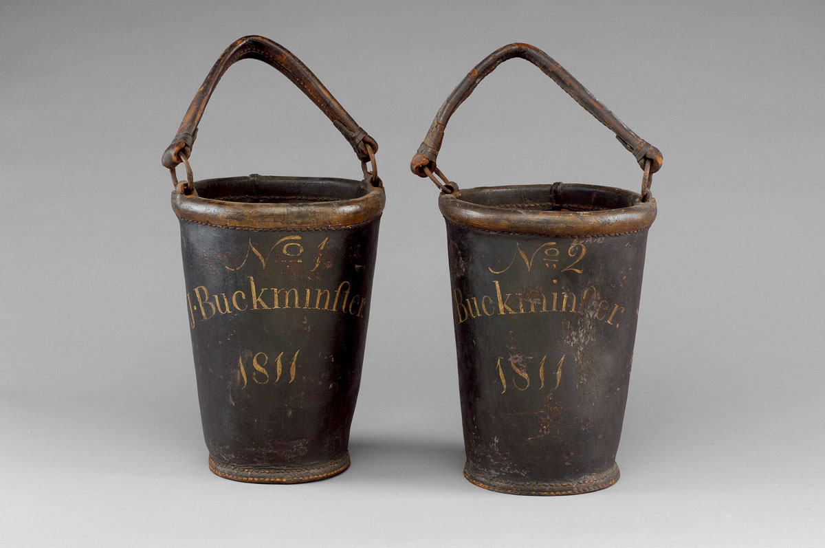 Appraisal: PAIR OF BUCKMINSTER FAMILY EARLY NEW ENGLAND LEATHER FIRE BUCKETS