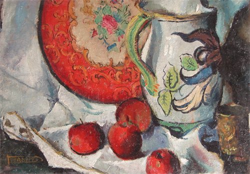 Appraisal: Still Life with Apples Pitcher and Charger on a Table