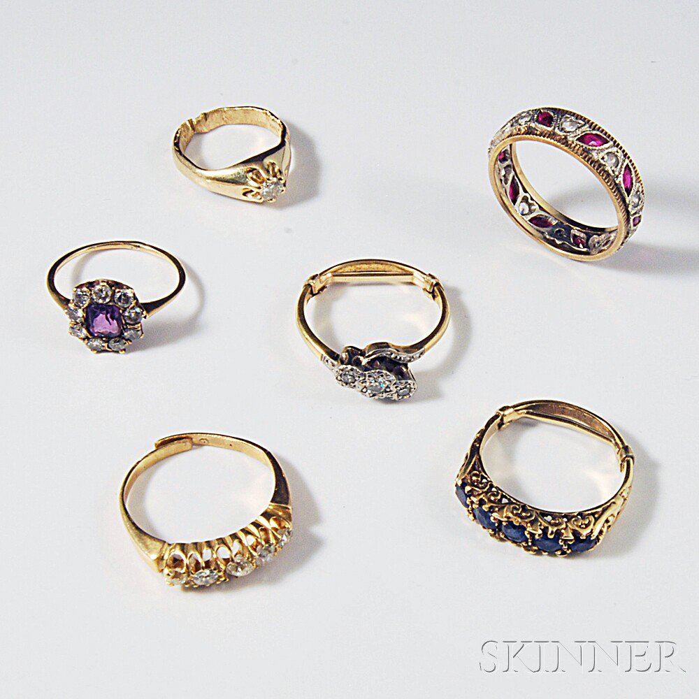 Appraisal: Six Mostly kt Gold Diamond and Gem-set Antique Rings total