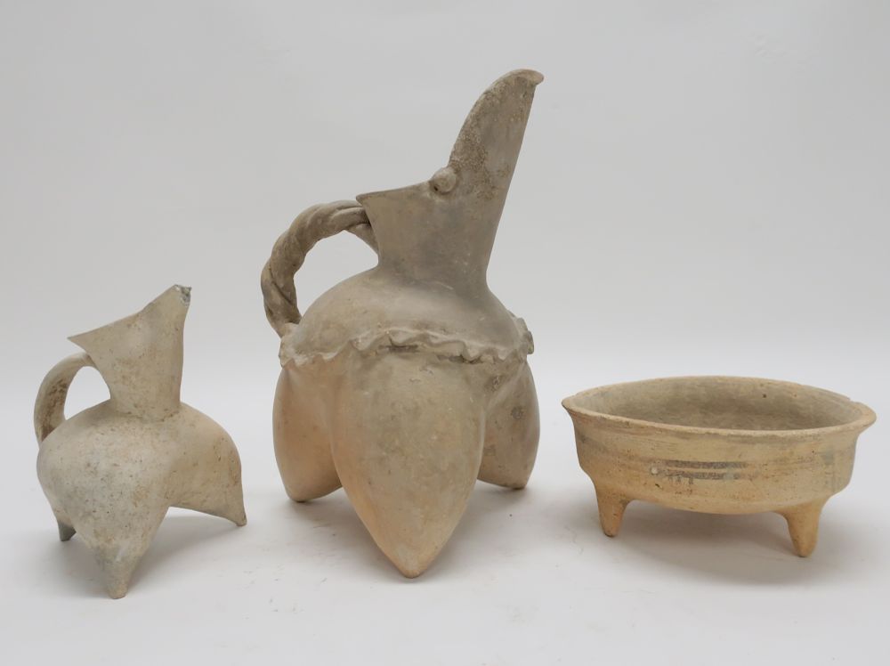 Appraisal: Three Chinese Neolithic Wares Two tripod ewers gui possibly of