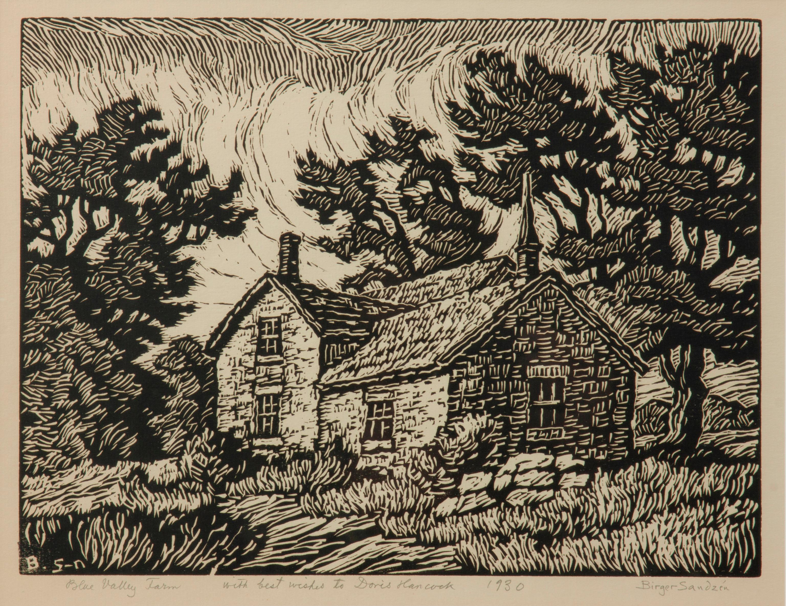 Appraisal: BIRGER SANDZEN 'BLUE VALLEY FARM' PENCIL-SIGNED LINOCUT Birger Sandzen Swedish-American