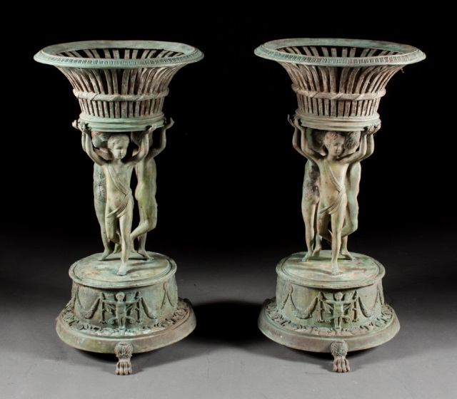 Appraisal: Pair of Classical style bronze figural jardinieres th century reticulated