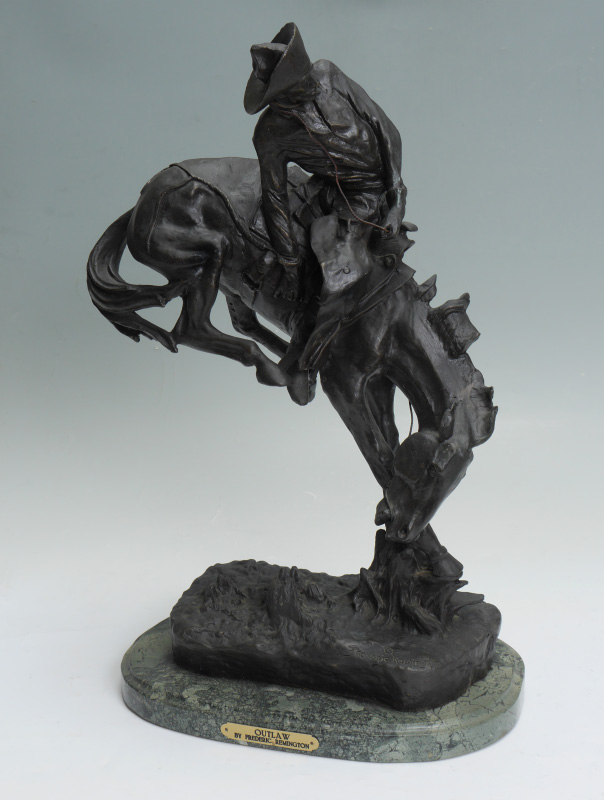 Appraisal: AFTER FREDERICK REMINGTON OUTLAW BRONZE ''The Outlaw'' on marble plinth