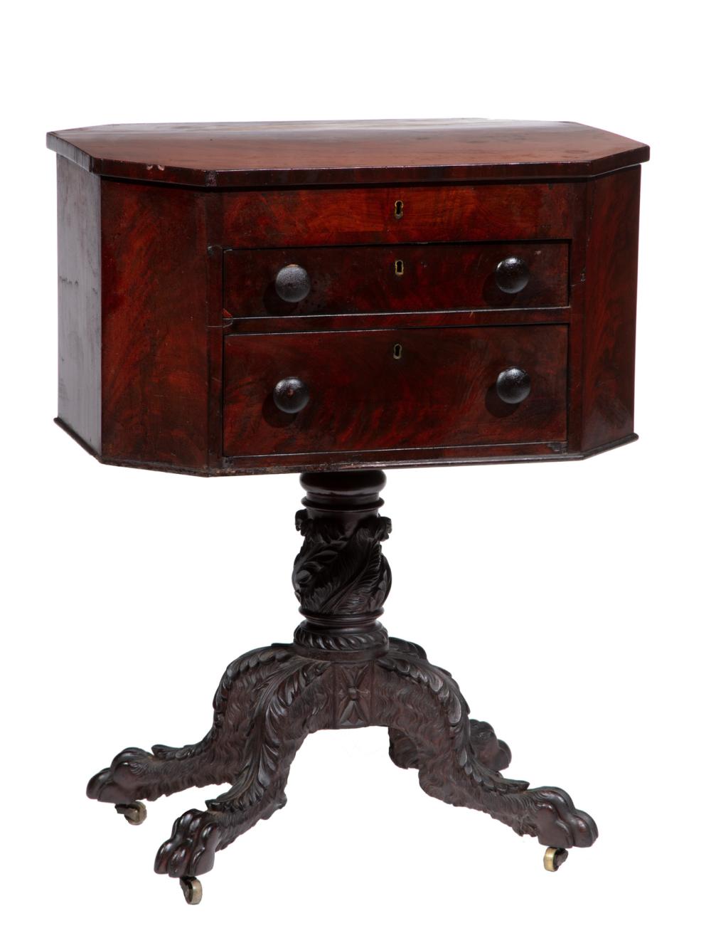 Appraisal: AMERICAN CLASSICAL CARVED MAHOGANY WORK TABLEAmerican Classical Carved Mahogany Work