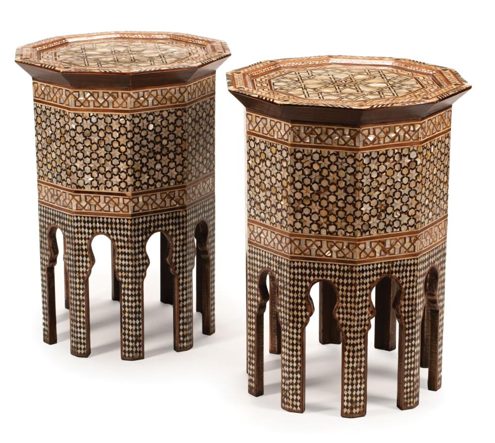 Appraisal: Pair of Moorish Mother-of-Pearl Inlaid Decagonal Tabourets dished tops arcade