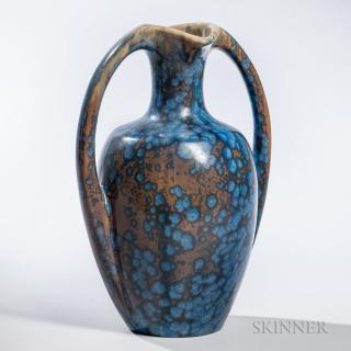 Appraisal: Pierrefronds Crystalline Glazed Pottery Vase Ceramic France c Double-spouted two-handled