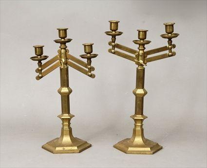 Appraisal: Pair of Brass Adjustable Three-Light Candelabra Marked Rostrand x in