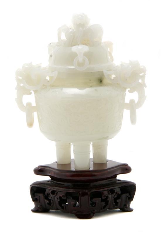 Appraisal: White Jade Censer having dragon form finial with three ring