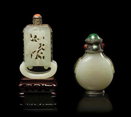 Appraisal: Two White Jade and Silver Mounted Snuff Bottles one of