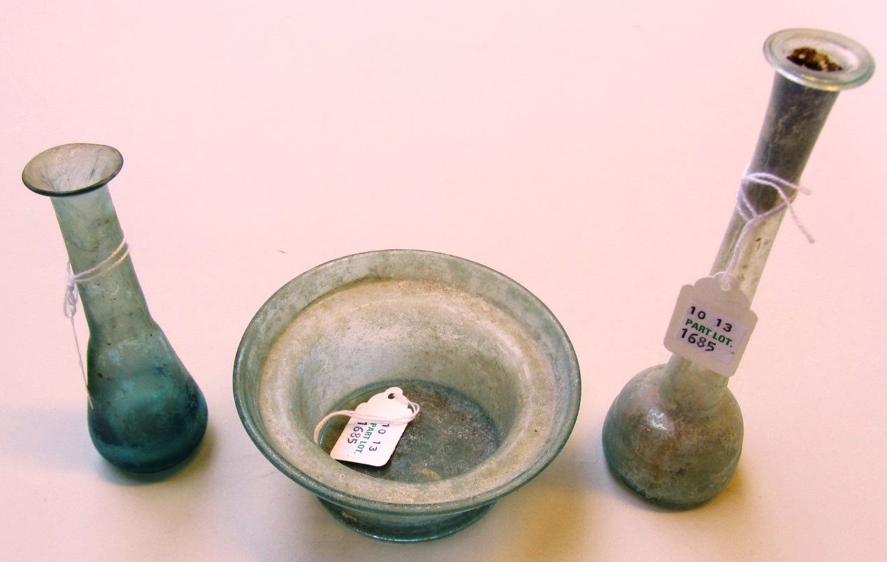 Appraisal: Three pale blue Roman glass vessels including a cylindrical cup