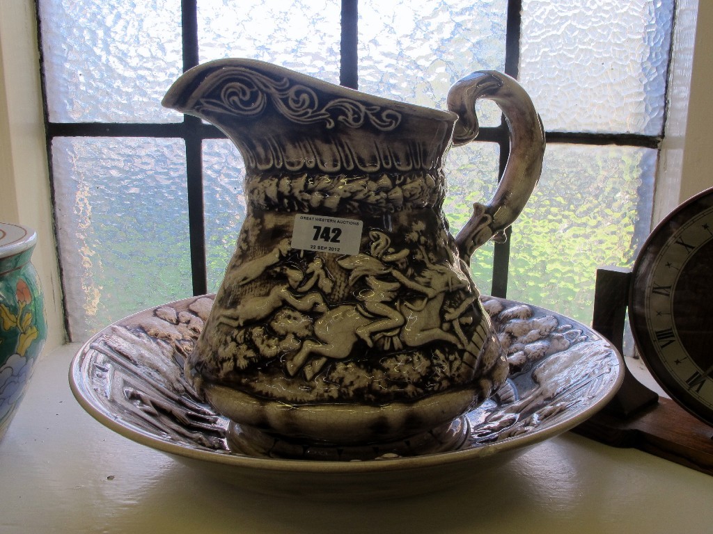 Appraisal: Boswell china jug and basin with relief decoration of Tam