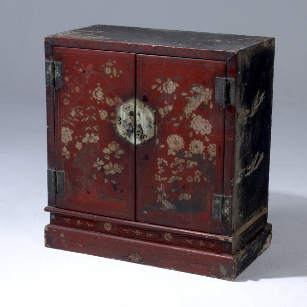 Appraisal: ASIAN CABINET With red lacquer doors with floral decoration probably