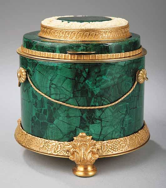 Appraisal: An Empire-Style Bronze-Mounted Malachite Footed Cylindrical Box with grape and