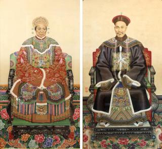 Appraisal: Pair of Chinese Ancestor Portraits Later th century inks and