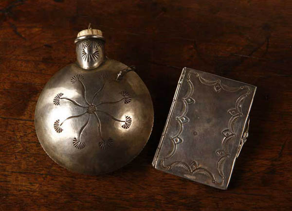 Appraisal: Two Native American silver pieces flask case Two Native American