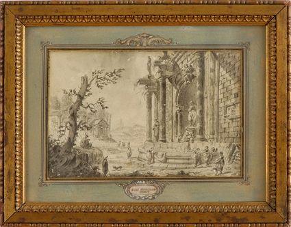 Appraisal: FRENCH SCHOOL GATHERING BY THE RUINS Ink and wash on