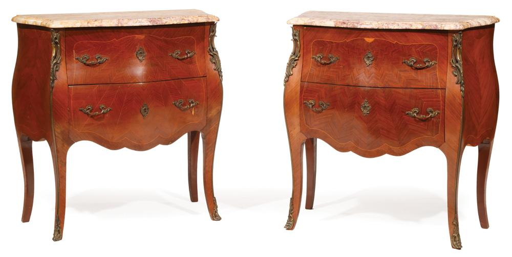 Appraisal: Pair of Louis XV-Style Bombe Petite Commodes molded shaped marble