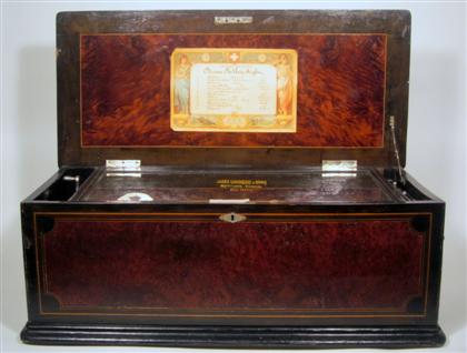 Appraisal: Swiss ebonized burl walnut music box The rectangular case opening